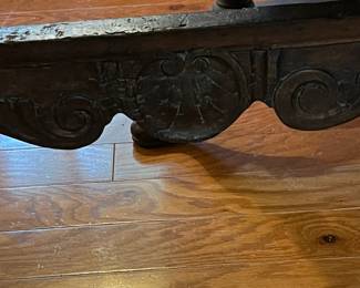 M105 - $650. Antique Renaissance Style Carved Walnut (?) 2 piece cabinet. Top & Base Move separately. Measures 38.5" x 15" deep x 46" tall. Hardware is all handmade - primitive. 