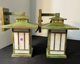 M134 - $200 PAIR of Exterior Light Fixtures by Arroyo Craftsman. Kennebec Wall Mount. Gold White Glass. Verdigris Patina. Measures 9" x 13" tall. Never installed still in original boxes - we pulled them out to photograph. 