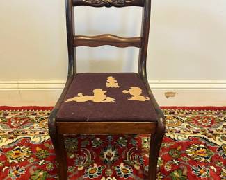 M13 - $50. Childs, Antique Mahogany, Carved Rose Chair with needlepoint seat. Sturdy and in very good condition. Measures 11.5" wide x 12" deep x 22" tall. 