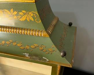 M135 - $100. Hand Painted Chinoiserie Metal/Tin Toleware "Pagoda Cabinet". Lighted Display Cabinet with Glass Shelves. Made in France. Was wall mounted but I believe it can also be hung. Measures 21.25" wide x 7.25" deep x 22" tall. 