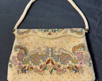 M120 - $50. 1940s/50s Morbito Paris Steel Micro Bead Clutch. Inside is heavily stained. 