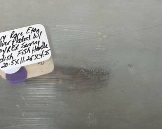 M57 - $40. Rare Eton Silver Plated with Pyrex insert serving dish with Fish Handles. Measures 20.5" x 11.25" x 4.25" tall. 