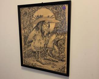 M37 - $75. Huichol Indian / San Mezcalito by Rick Griffin. Measures 15" x 18". ( The paper is sliding on one side and there is something between paper & glass in one spot leaving a small stain.)