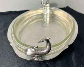 M57 - $40. Rare Eton Silver Plated with Pyrex insert serving dish with Fish Handles. Measures 20.5" x 11.25" x 4.25" tall. 