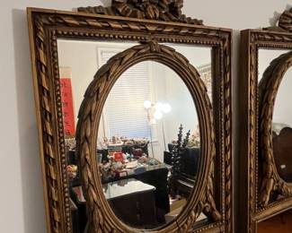 M109 - $300 PAIR. Antique Wooden Framed Gold Gilt Trumeau Mirror PAIR. Each measures 16" wide x 66" tall. Overall very good antique condition!
