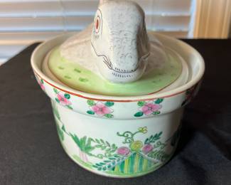 M80 - $30. Vintage Hand Painted Rabbit Stoneware Casserole Dish. 