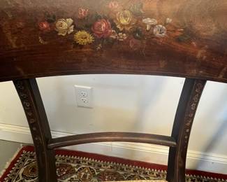 M10 - $80. Pair of Antique Chairs. Each measures 18.5" wide x 17.5" deep x 35" tall. Need to be reupholstered and cleaned up. Painting is in great antique condition!