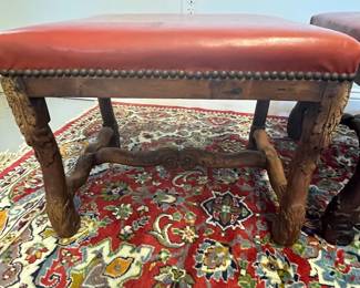 M23 - $60 PAIR. Leather topped, wooden framed stools. Measures 19.5" x 15" x 15.5" tall. 