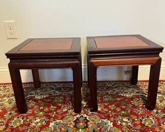 M45 - $300 PAIR of Chinese Rosewood Tables. Each measures 14" square x 14" tall. Both sturdy with some surface scratches. 