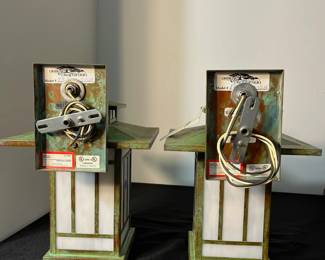 M134 - $200 PAIR of Exterior Light Fixtures by Arroyo Craftsman. Kennebec Wall Mount. Gold White Glass. Verdigris Patina. Measures 9" x 13" tall. Never installed still in original boxes - we pulled them out to photograph. 