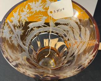 M82 - $100. 19th Century Amber Etched Glass Vase. Measures 5.75" wide x 9" tall. 