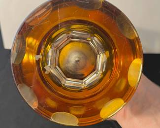 M82 - $100. 19th Century Amber Etched Glass Vase. Measures 5.75" wide x 9" tall. 