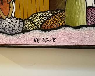 K74 - $100. Mexican Modernist Oil on Canvas. Signed Velasco - Village Market Scene. Measures 20" x 10". 