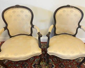 M11 - $100. PAIR of Carved Antique Chairs. Measures 25.5" wide x 17" deep x 36" tall. 