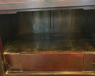 M48 - $450. Two Door, Two Drawer Red Asian Chest. Measures 41" wide x 25.5" deep x 35.75" tall. 