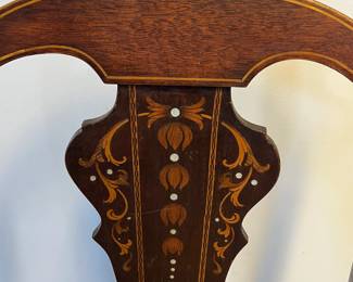 M22 - $35. Queen Anne Style Chair. Measures 17" x 18" x 39" tall. Beautiful Inlay! Has been (poorly) repaired. 