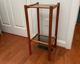 K70 - $125. Danish Modern Teak Plant Stand / Entry Table with Smoked Glass. Measures 14" wide x 13.5" deep x 30" tall. 