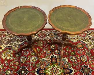 M17 - $60 PAIR. Antique Pie Crust Side Tables with leather tops. Measures 13" wide x 20.25" tall. 