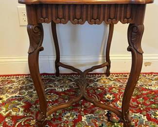 M25 - $75. Antique Marble Top Side Table. Measures 25" wide x 16.75" deep x 23.5" tall. Table is sturdy but has a little wiggle to it. 