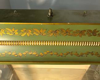 M135 - $100. Hand Painted Chinoiserie Metal/Tin Toleware "Pagoda Cabinet". Lighted Display Cabinet with Glass Shelves. Made in France. Was wall mounted but I believe it can also be hung. Measures 21.25" wide x 7.25" deep x 22" tall. 