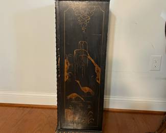 M139 - $225. Small Antique Black Lacquered Chinoiserie Cabinet - 4 drawer chest. Sides are painted in gold with a bird / water scene. Measures 17" wide x 11.5" deep x 35" tall. All drawers slide easily. 