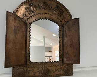 K52 - $40. Mexican Tin Punched Mirror. Measures 18.75" x 21"