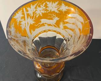 M82 - $100. 19th Century Amber Etched Glass Vase. Measures 5.75" wide x 9" tall. 