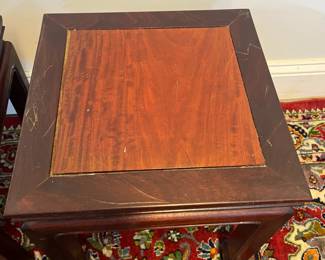 M45 - $300 PAIR of Chinese Rosewood Tables. Each measures 14" square x 14" tall. Both sturdy with some surface scratches. 