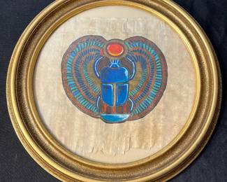 M124 - $30. Painted Scarab Beetle on Papyrus. Measures 12.5" round. 