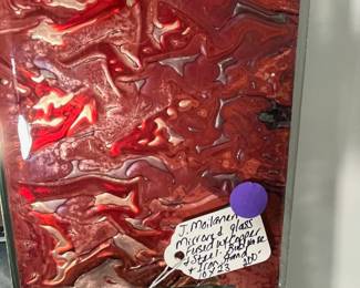 M53 - $200. J. Moilanen Mirred Glass Fused with Copper & Steel. Bud Vase attached. Measures 10" wide x 23" tall. 