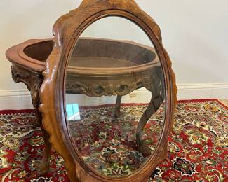 M8 - $200. Carved Wood Display Table with Removable glass Top. Measures 32" x 22" x 21" tall. (We believe this 1930s table was recreated into a display table.)