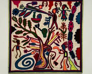 K1 - $125. Mexican Yarn Painting Huichol by Raymon De La Rosa 1982. Measures 24" square. 