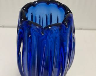 K62 - $20. Cobalt Blue Thick Glass Vase. 7.75" tall. 
