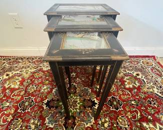 M2 - $125. Set of 3 Antique Nesting Tables. Largest measures 15" wide x 11.5" deep x 22.25" tall. The glass in the smallest table is heavily cracked. Tables are antique and wiggly. 