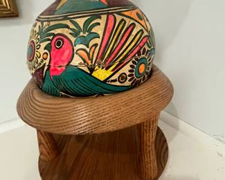 K24 - $30. Hand Painted Folk Art Lamp. Measures 9" wide x 27" tall. Lamp base  has been repaired - shade is in very good condition! 