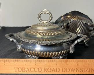 M67 - $125 PAIR. Antique Sheffield Silver Plated Sauce Tureen. Measures 9.5" x 6.5". 