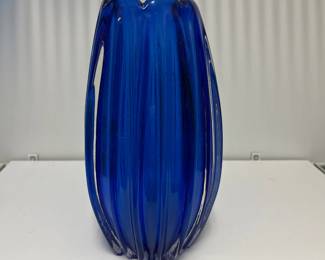 K62 - $20. Cobalt Blue Thick Glass Vase. 7.75" tall. 