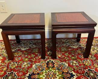 M45 - $300 PAIR of Chinese Rosewood Tables. Each measures 14" square x 14" tall. Both sturdy with some surface scratches. 