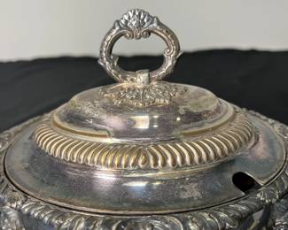 M67 - $125 PAIR. Antique Sheffield Silver Plated Sauce Tureen. Measures 9.5" x 6.5". 