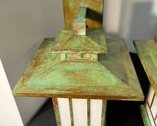 M134 - $200 PAIR of Exterior Light Fixtures by Arroyo Craftsman. Kennebec Wall Mount. Gold White Glass. Verdigris Patina. Measures 9" x 13" tall. Never installed still in original boxes - we pulled them out to photograph. 