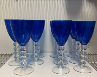 K64 - $75. Cobalt Blue Vietri Wine / Water Glasses. 11 Pieces. 8 1/8" tall. 