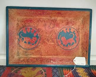 K3 - $20. Carved & Painted Tray - light weight wood. Measures 13.5" wide x 9.5" tall. 