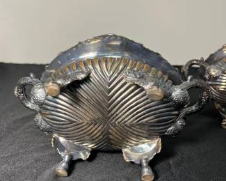 M67 - $125 PAIR. Antique Sheffield Silver Plated Sauce Tureen. Measures 9.5" x 6.5". 