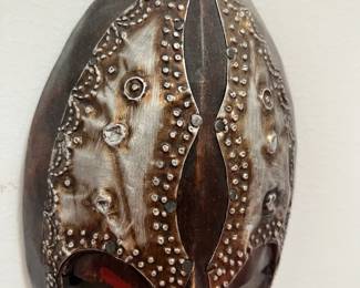 K42 - $30. Vintage African Akan Folk Art Ebonized Metal & Wood Mask.  Measures 5.25" wide x 9.75" tall. 