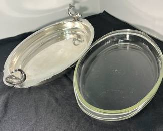 M57 - $40. Rare Eton Silver Plated with Pyrex insert serving dish with Fish Handles. Measures 20.5" x 11.25" x 4.25" tall. 