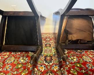 M10 - $80. Pair of Antique Chairs. Each measures 18.5" wide x 17.5" deep x 35" tall. Need to be reupholstered and cleaned up. Painting is in great antique condition!