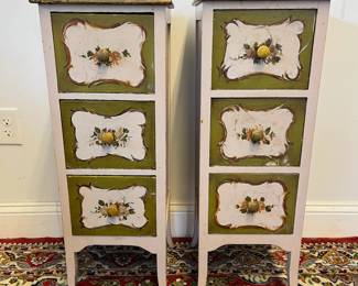 M46 - $125 PAIR. Painted wooden 3 drawer cabinets - drawers slide easily. Measures 11" x 12" deep x 31.25" tall. 