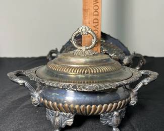 M67 - $125 PAIR. Antique Sheffield Silver Plated Sauce Tureen. Measures 9.5" x 6.5". 