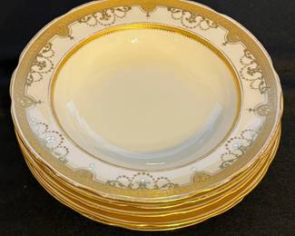 M142 - $300. 5 Pieces Antique Mintons for Tiffany & Co. Heavy Gilt Medallion Swag Bowls. Measures 7.75" across. 2 have chips/ cracks. 