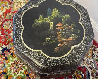 M16 - $125. Vintage Chinese Hand Painted Wood Rice Bucket Barrel / Stool with storage. Measures 14" wide x 18" tall. 